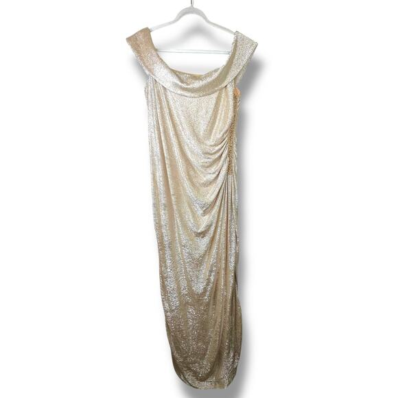 Calvin Klein Gold Metallic Sequin Off-the-Shoulder Ruched Maxi Evening Gown 16W - Picture 3 of 11